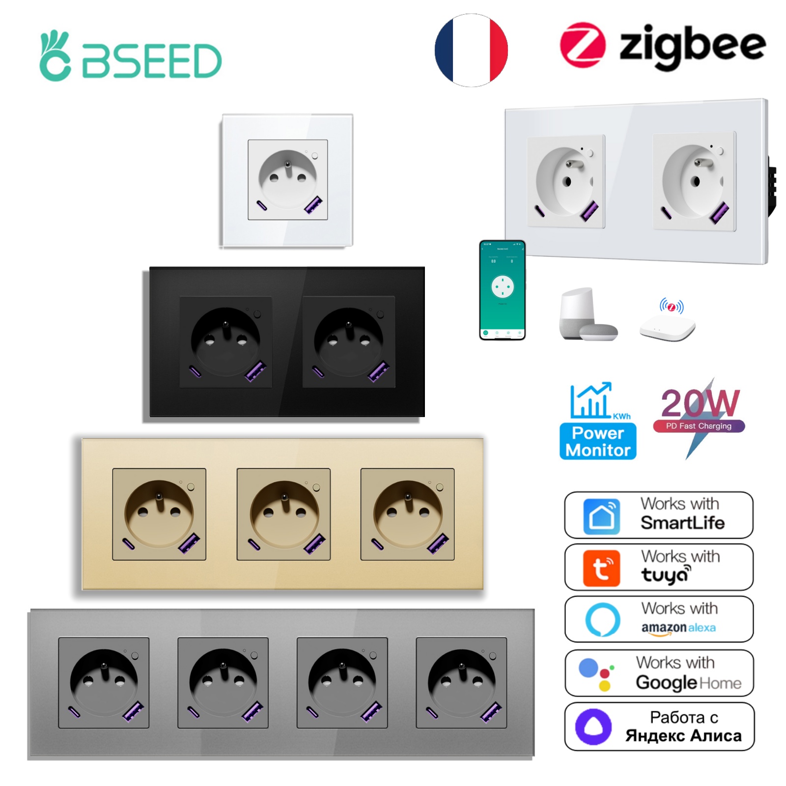 Zigbee Smart Plug Energy Monitor - BSEED Zigbee FR – prise murale
